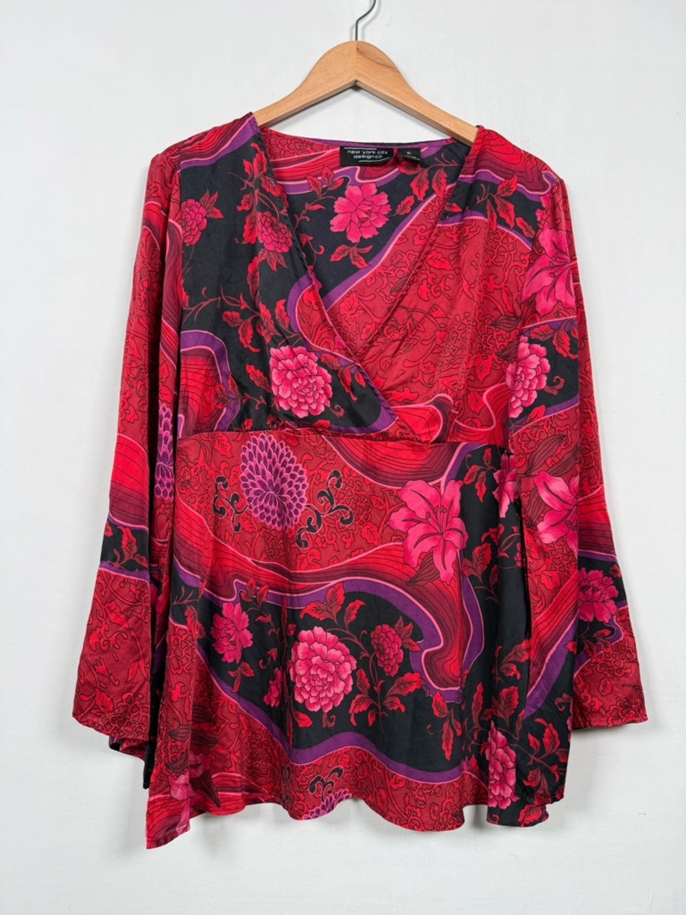 Women’s 100% Silk Y2K Floral Wrap-Style Top, Size XL, Excellent Condition